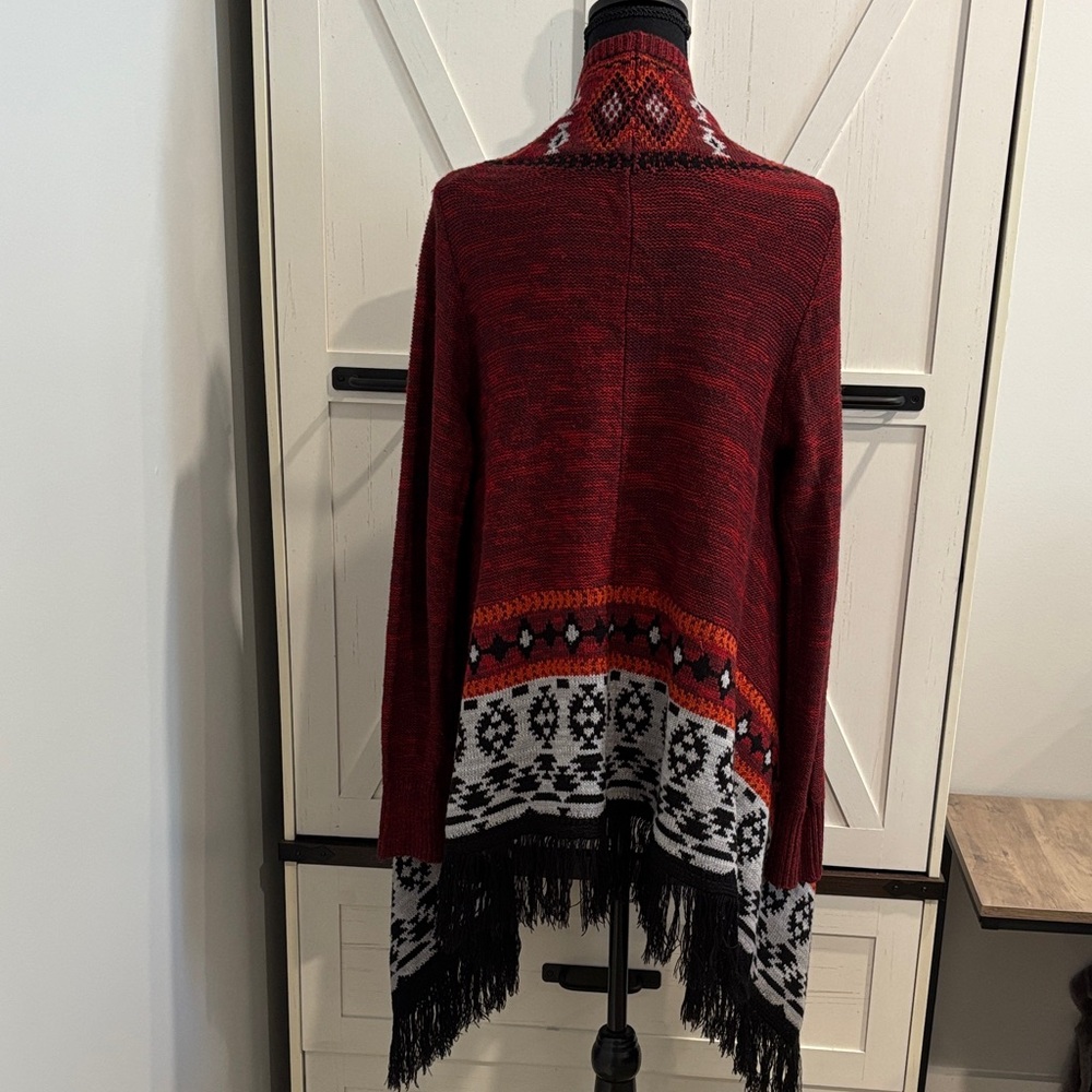 Boho Maurices Burgundy and Black Fringe Cardigan - Picture 10 of 12